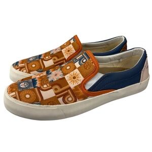 Inkkas Slip On Canvas Shoes Women's Size 8 Sun Face Patchwork Print Blue Orange